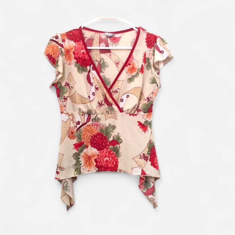 Y2K Romantic Fairy Goth Asymmetric Handkerchief Hem Shirt Top Blouse Floral VTG